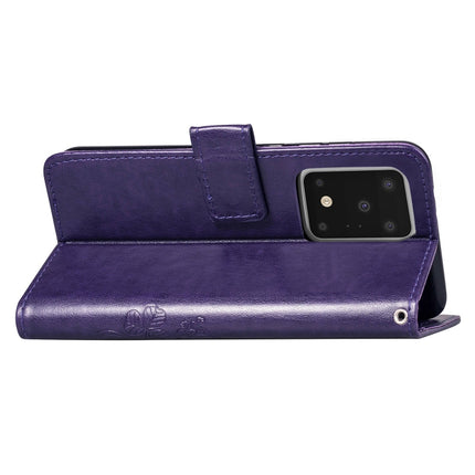 For Galaxy S20 Ultra Four-leaf Clasp Embossed Buckle Mobile Phone Protection Leather Case with Lanyard & Card Slot & Wallet & Bracket Function(Purple)-garmade.com