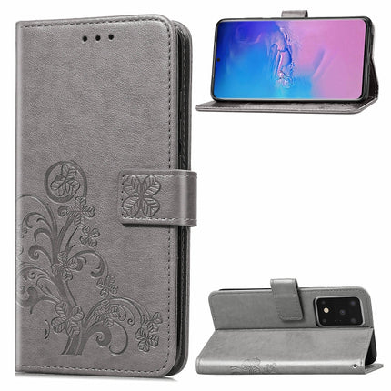 For Galaxy S20 Ultra Four-leaf Clasp Embossed Buckle Mobile Phone Protection Leather Case with Lanyard & Card Slot & Wallet & Bracket Function(Gray)-garmade.com