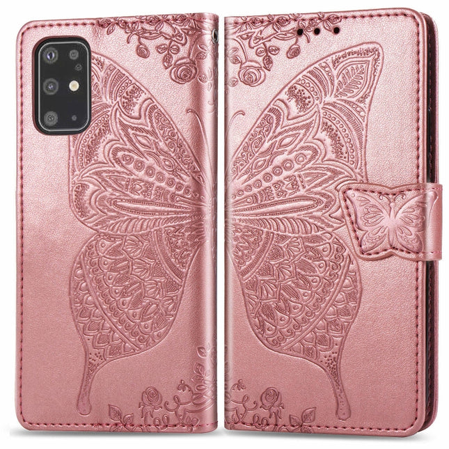 For Galaxy S20+ Butterfly Love Flower Embossed Horizontal Flip Leather Case with Bracket / Card Slot / Wallet / Lanyard(Rose Gold)-garmade.com