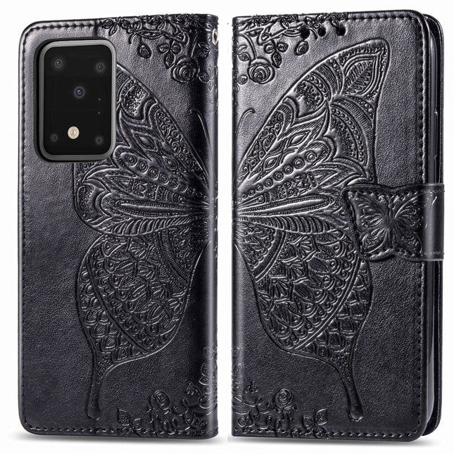 For Samsung Galaxy S20 Ultra Butterfly Love Flower Embossed Horizontal Flip Leather Case with Bracket / Card Slot / Wallet / Lanyard(Black)-garmade.com