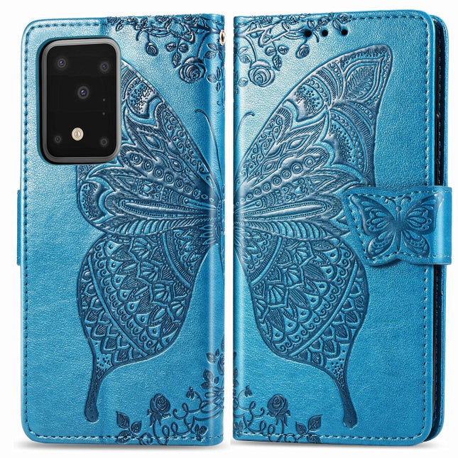 For Samsung Galaxy S20 Ultra Butterfly Love Flower Embossed Horizontal Flip Leather Case with Bracket / Card Slot / Wallet / Lanyard(Blue)-garmade.com