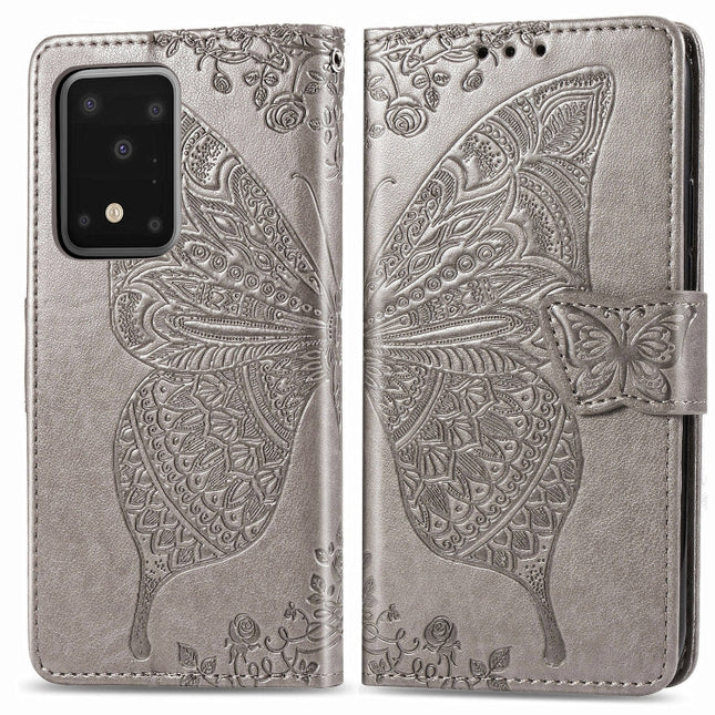 For Samsung Galaxy S20 Ultra Butterfly Love Flower Embossed Horizontal Flip Leather Case with Bracket / Card Slot / Wallet / Lanyard(Gray)-garmade.com
