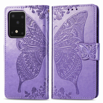 For Samsung Galaxy S20 Ultra Butterfly Love Flower Embossed Horizontal Flip Leather Case with Bracket / Card Slot / Wallet / Lanyard(Light Purple)-garmade.com