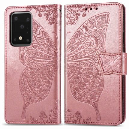 For Samsung Galaxy S20 Ultra Butterfly Love Flower Embossed Horizontal Flip Leather Case with Bracket / Card Slot / Wallet / Lanyard(Rose Gold)-garmade.com