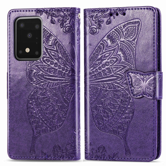 For Samsung Galaxy S20 Ultra Butterfly Love Flower Embossed Horizontal Flip Leather Case with Bracket / Card Slot / Wallet / Lanyard(Dark Purple)-garmade.com