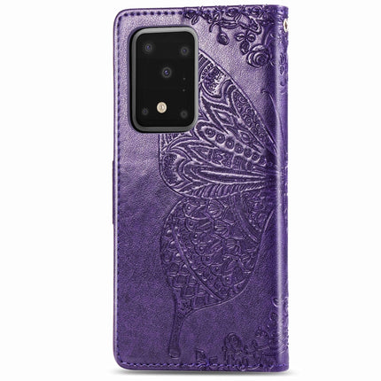 For Samsung Galaxy S20 Ultra Butterfly Love Flower Embossed Horizontal Flip Leather Case with Bracket / Card Slot / Wallet / Lanyard(Dark Purple)-garmade.com