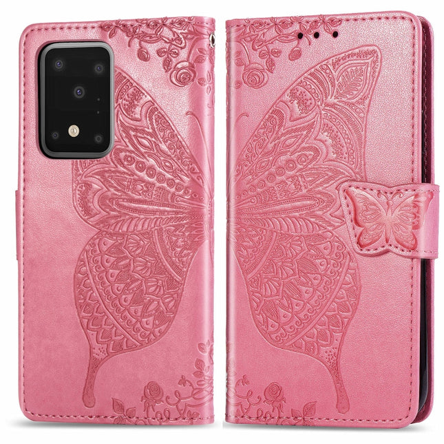 For Samsung Galaxy S20 Ultra Butterfly Love Flower Embossed Horizontal Flip Leather Case with Bracket / Card Slot / Wallet / Lanyard(Pink)-garmade.com