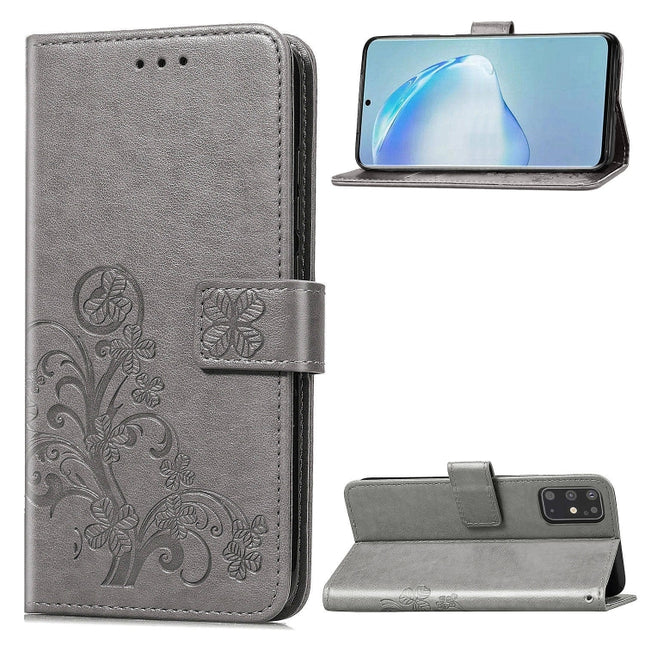 For Galaxy S20+ Lucky Clover Pressed Flowers Pattern Leather Case with Holder & Card Slots & Wallet & Hand Strap(Gray)-garmade.com