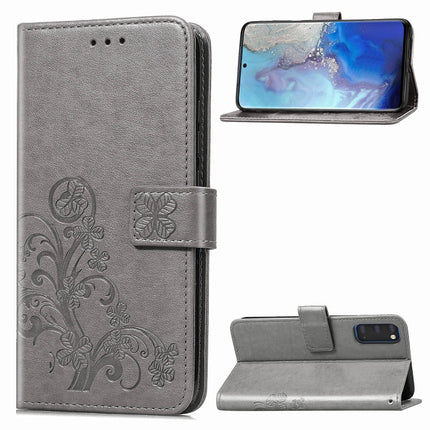 For Galaxy S20 Lucky Clover Pressed Flowers Pattern Leather Case with Holder & Card Slots & Wallet & Hand Strap(Gray)-garmade.com