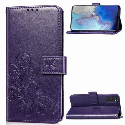 For Galaxy S20 Lucky Clover Pressed Flowers Pattern Leather Case with Holder & Card Slots & Wallet & Hand Strap(Purple)-garmade.com