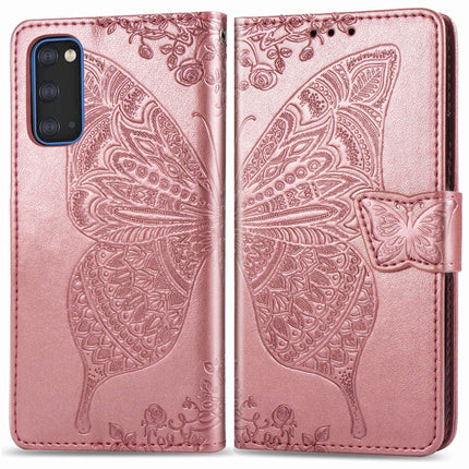 For Galaxy S20 Butterfly Love Flower Embossed Horizontal Flip Leather Case with Bracket / Card Slot / Wallet / Lanyard(Rose Gold)-garmade.com