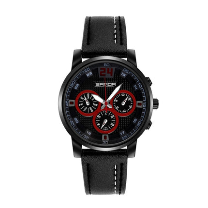 SANDA 5009 Business Fashion Three Eye Six Needle Casual Leather Waterproof Men Quartz Watch(Black)-garmade.com