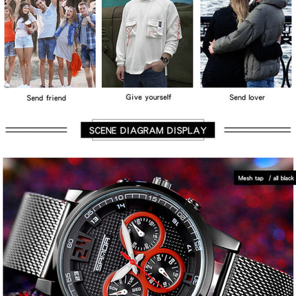 SANDA 5009 Business Fashion Three Eye Six Needle Casual Leather Waterproof Men Quartz Watch(Black)-garmade.com