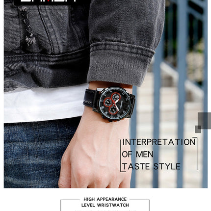 SANDA 5009 Business Fashion Three Eye Six Needle Casual Leather Waterproof Men Quartz Watch(Black)-garmade.com