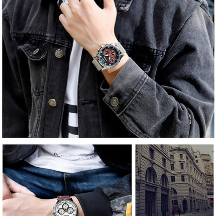 SANDA 5009 Business Fashion Three Eye Six Needle Casual Leather Waterproof Men Quartz Watch(Black)-garmade.com