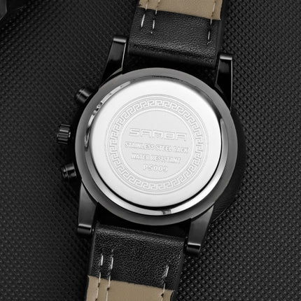 SANDA 5009 Business Fashion Three Eye Six Needle Casual Leather Waterproof Men Quartz Watch(Black)-garmade.com