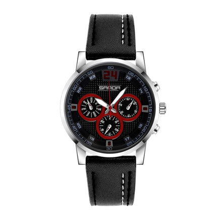 SANDA 5009 Business Fashion Three Eye Six Needle Casual Leather Waterproof Men Quartz Watch(Black Silver)-garmade.com