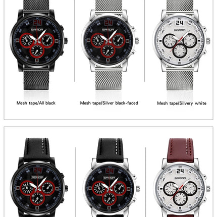 SANDA 5009 Business Fashion Three Eye Six Needle Casual Leather Waterproof Men Quartz Watch(Black Silver)-garmade.com