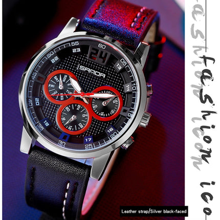 SANDA 5009 Business Fashion Three Eye Six Needle Casual Leather Waterproof Men Quartz Watch(Black Silver)-garmade.com