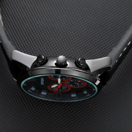 SANDA 5009 Business Fashion Three Eye Six Needle Casual Leather Waterproof Men Quartz Watch(Black Silver)-garmade.com