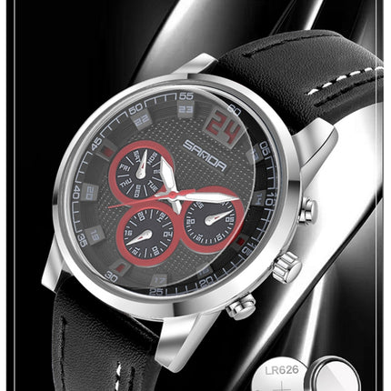 SANDA 5009 Business Fashion Three Eye Six Needle Casual Leather Waterproof Men Quartz Watch(Black Silver)-garmade.com