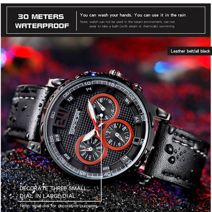 SANDA 5009 Business Fashion Three Eye Six Needle Casual Leather Waterproof Men Quartz Watch(Black Silver)-garmade.com