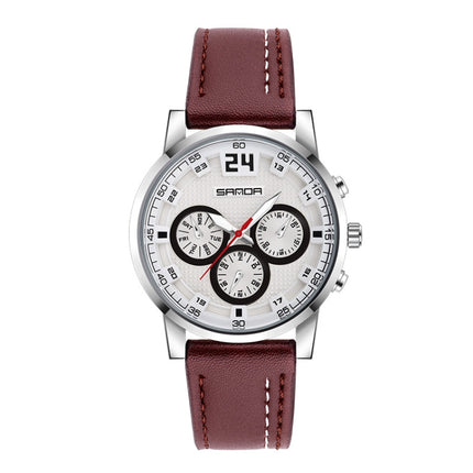 SANDA 5009 Business Fashion Three Eye Six Needle Casual Leather Waterproof Men Quartz Watch(Coffee)-garmade.com