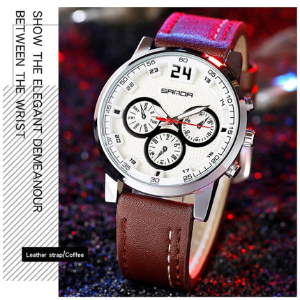 SANDA 5009 Business Fashion Three Eye Six Needle Casual Leather Waterproof Men Quartz Watch(Coffee)-garmade.com