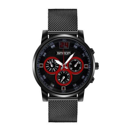 SANDA 5009 Business Fashion Three Eye Six Needle Casual Leather Waterproof Men Quartz Watch(Black Mesh Belt)-garmade.com