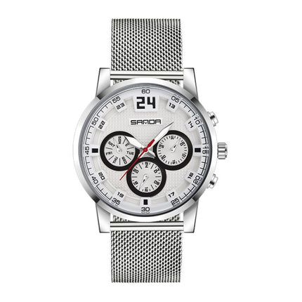 SANDA 5009 Business Fashion Three Eye Six Needle Casual Leather Waterproof Men Quartz Watch(Silver Webbing)-garmade.com