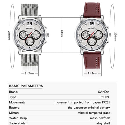 SANDA 5009 Business Fashion Three Eye Six Needle Casual Leather Waterproof Men Quartz Watch(Silver Webbing)-garmade.com