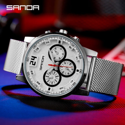 SANDA 5009 Business Fashion Three Eye Six Needle Casual Leather Waterproof Men Quartz Watch(Silver Webbing)-garmade.com