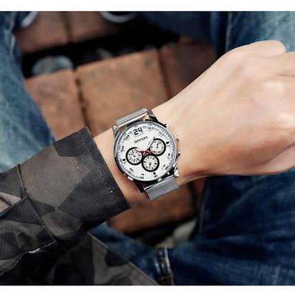 SANDA 5009 Business Fashion Three Eye Six Needle Casual Leather Waterproof Men Quartz Watch(Silver Webbing)-garmade.com