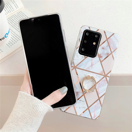 For Galaxy S20 Plus Plating Colorful Geometric Pattern Mosaic Marble TPU Mobile Phone Case Rhinestone Stand Ring(White PR3)-garmade.com