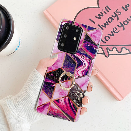 For Galaxy S20 Plus Plating Colorful Geometric Pattern Mosaic Marble TPU Mobile Phone Case Rhinestone Stand Ring(Magenta PR5)-garmade.com