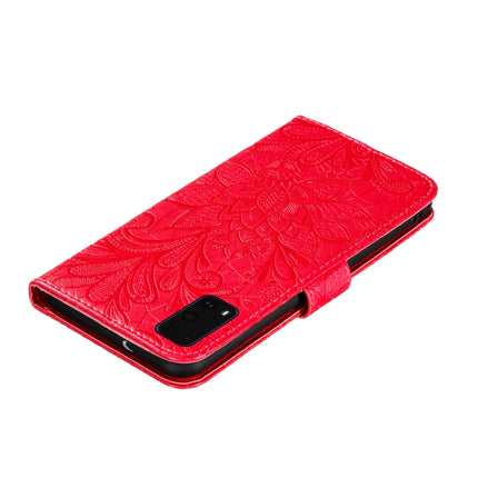 For Galaxy S20+ Lace Flower Embossing Pattern Horizontal Flip PU Leather Case with Holder & Card Slots & Wallet & Photo Frame & Lanyard(Red)-garmade.com