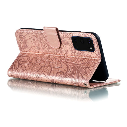 For Galaxy S20 Lace Flower Embossing Pattern Horizontal Flip PU Leather Case with Holder & Card Slots & Wallet & Photo Frame & Lanyard(Rose Gold)-garmade.com