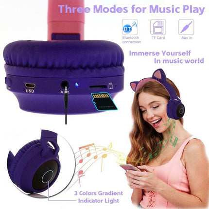 BT028C Cute Cat Ear Bluetooth 5.0 Headphones Foldable On-Ear Stereo Wireless Headset Headphone with Mic / LED Light / FM Radio / TF Card(Blue)-garmade.com