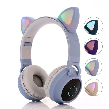 BT028C Cute Cat Ear Bluetooth 5.0 Headphones Foldable On-Ear Stereo Wireless Headset Headphone with Mic / LED Light / FM Radio / TF Card(Blue)-garmade.com
