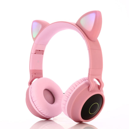 BT028C Cute Cat Ear Bluetooth 5.0 Headphones Foldable On-Ear Stereo Wireless Headset Headphone with Mic / LED Light / FM Radio / TF Card(Pink)-garmade.com