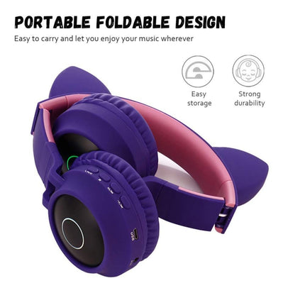BT028C Cute Cat Ear Bluetooth 5.0 Headphones Foldable On-Ear Stereo Wireless Headset Headphone with Mic / LED Light / FM Radio / TF Card(Pink)-garmade.com