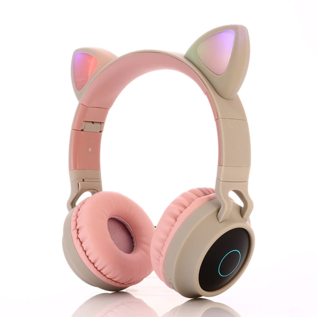 BT028C Cute Cat Ear Bluetooth 5.0 Headphones Foldable On-Ear Stereo Wireless Headset Headphone with Mic / LED Light / FM Radio / TF Card(Gray)-garmade.com