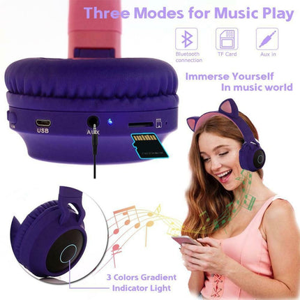 BT028C Cute Cat Ear Bluetooth 5.0 Headphones Foldable On-Ear Stereo Wireless Headset Headphone with Mic / LED Light / FM Radio / TF Card(Gray)-garmade.com