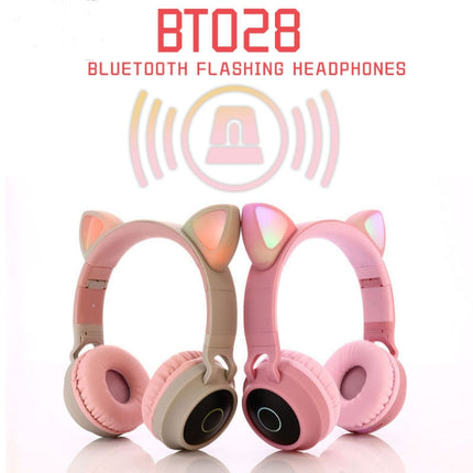 BT028C Cute Cat Ear Bluetooth 5.0 Headphones Foldable On-Ear Stereo Wireless Headset Headphone with Mic / LED Light / FM Radio / TF Card(Gray)-garmade.com