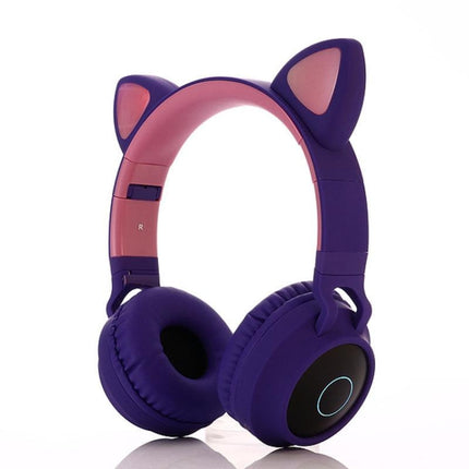 BT028C Cute Cat Ear Bluetooth 5.0 Headphones Foldable On-Ear Stereo Wireless Headset Headphone with Mic / LED Light / FM Radio / TF Card(Purple)-garmade.com
