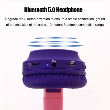 BT028C Cute Cat Ear Bluetooth 5.0 Headphones Foldable On-Ear Stereo Wireless Headset Headphone with Mic / LED Light / FM Radio / TF Card(Purple)-garmade.com