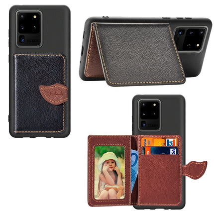 For Galaxy S20 Ultra Leaf Buckle Litchi Texture Card Holder PU + TPU Case with Card Slot & Wallet & Holder & Photo Frame(Black)-garmade.com