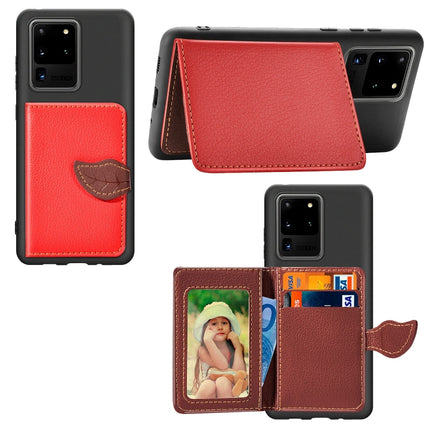 For Galaxy S20 Ultra Leaf Buckle Litchi Texture Card Holder PU + TPU Case with Card Slot & Wallet & Holder & Photo Frame(Red)-garmade.com