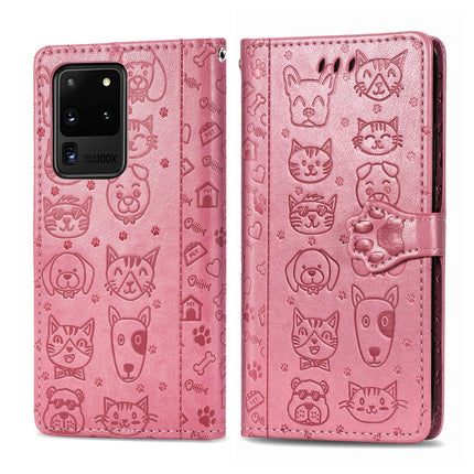 For Galaxy S20 Ultra Cute Cat and Dog Embossed Horizontal Flip PU Leather Case with Holder / Card Slot / Wallet / Lanyard(Pink)-garmade.com