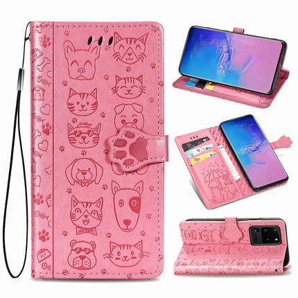 For Galaxy S20 Ultra Cute Cat and Dog Embossed Horizontal Flip PU Leather Case with Holder / Card Slot / Wallet / Lanyard(Pink)-garmade.com